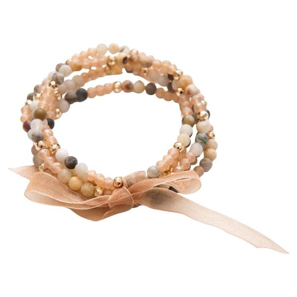 GLASS NATURAL STONE METAL BEAD RIBBON TIE STRETCH BRACELET SET