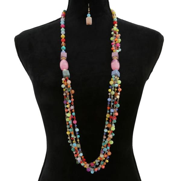 MULTICOLOR BEAD CLUSTER MULTISTRAND LONG DROP NECKLACE