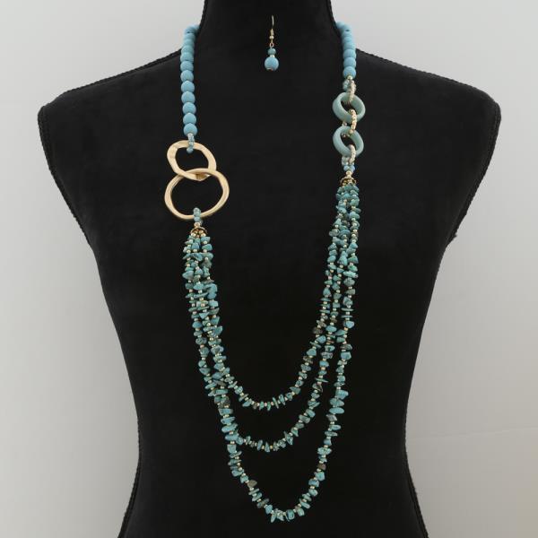 MULTISTRAND TURQUOISE CHIP BEAD ASYMMETRIC LINK DROP NECKLACE