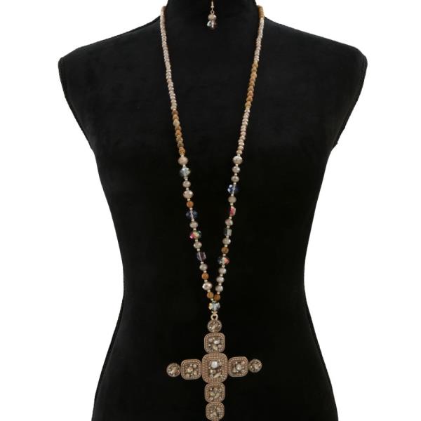 MULTICOLOR FACETED BEAD LONG DROP LARGE CROSS PENDANT NECKLACE
