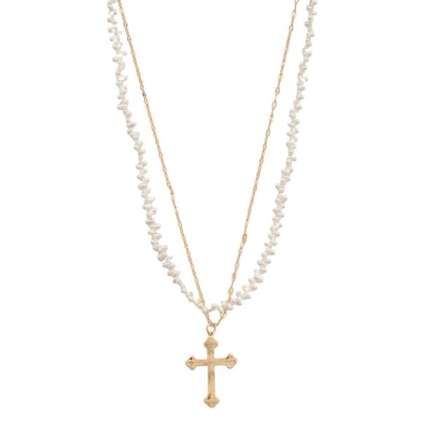 SODAJO GOLD DIPPED 2 LAYERED PEARL BEAD CROSS PENDANT NECKLACE