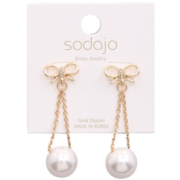 SODAJO GOLD DIPPED CZ RIBBON PEARL TEARDROP DANGLE EARRING