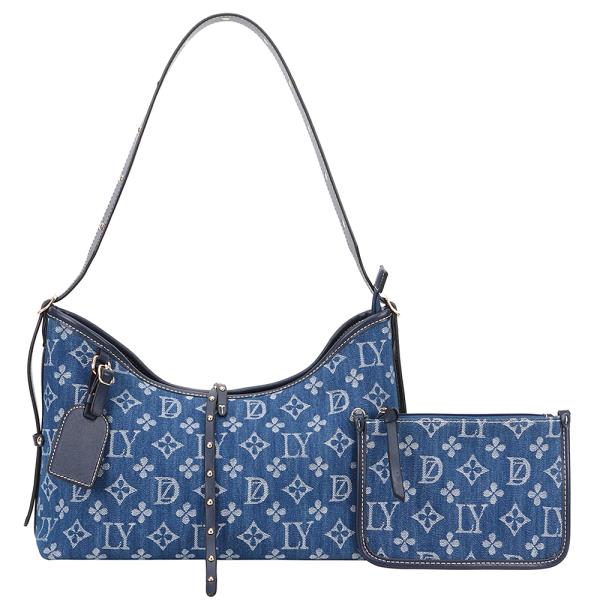 2IN1 PRINTED DENIM SHOULDER BAG W COIN PURSE SET