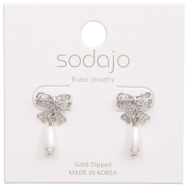 SODAJO GOLD DIPPED CZ RIBBON PEARL DANGLE EARRING