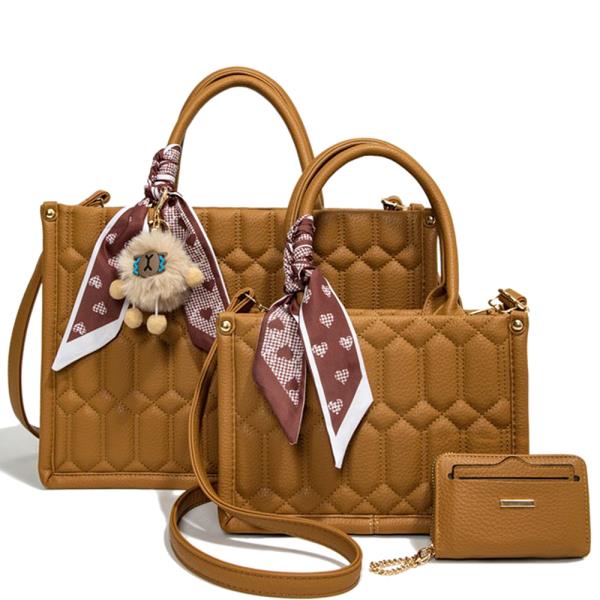 3IN1 QUILTED DESIGN SATCHEL W MATCHING BAG AND WALLET SET