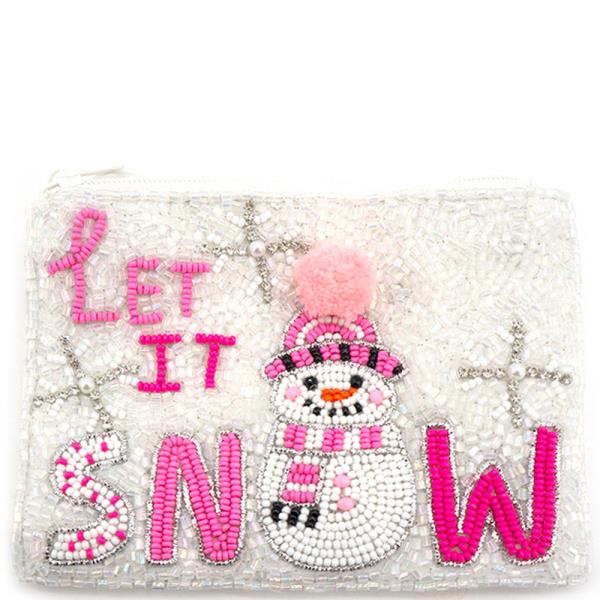 LET IT SNOW SNOWMAN BEADED ZIPPER COIN PURSE BAG