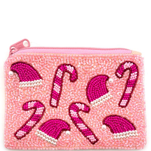 PINK BEADED CANDY CANE SANTA HAT ZIPPER COIN PURSE BAG
