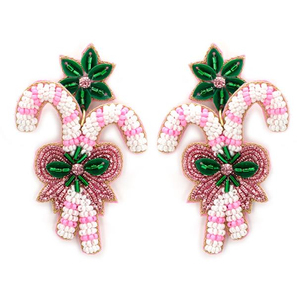 SEED BEAD CHRISTMAS CANDY CANE DANGLE POST EARRINGS