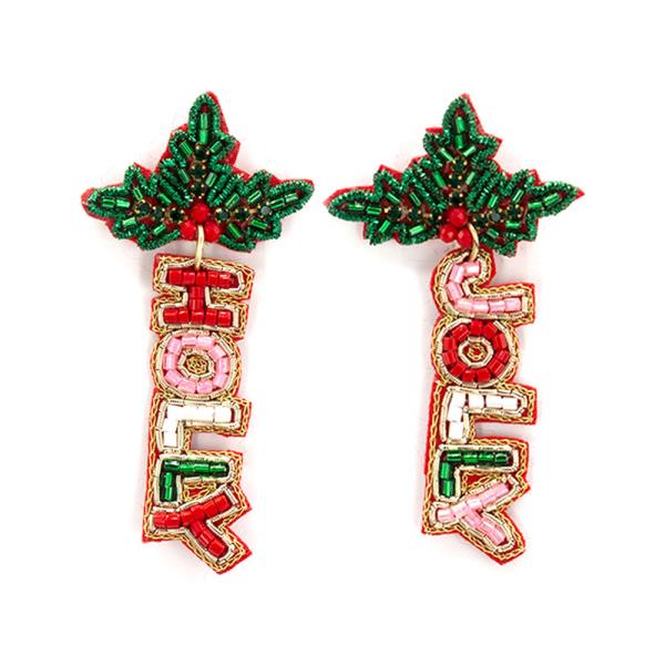 SEED BEAD HOLLY JOLLY LETTER DANGLE POST EARRINGS