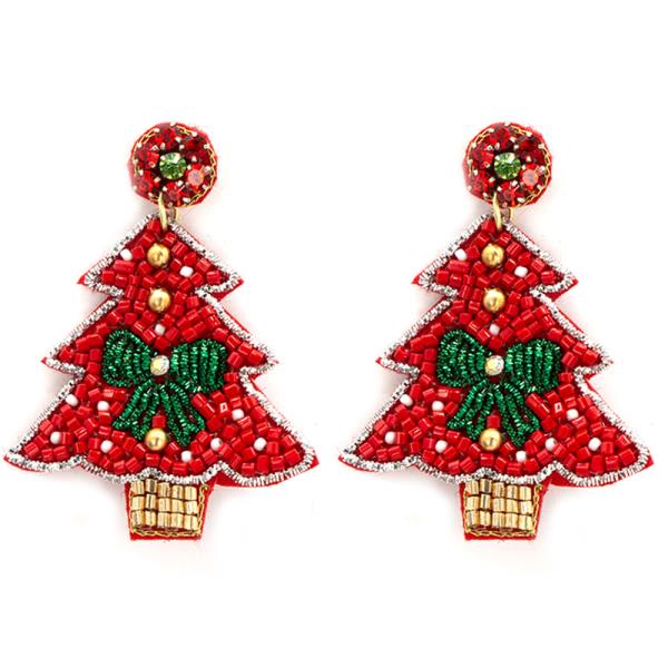 SEED BEAD CHRISTMAS TREE DANGLE POST EARRINGS