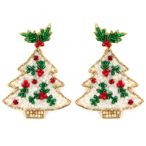 SEED BEAD CHRISTMAS TREE DANGLE POST EARRINGS