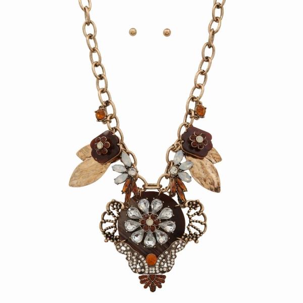 METAL FLOWER GEM LEAF STATEMENT NECKLACE EARRING SET