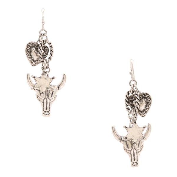 CATTLE HEAD HEART CHARM METAL DANGLE EARRING