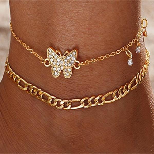 RHINESTONE BUTTERFLY CHARM DUAL LAYERED CUBAN CHAIN ANKLET