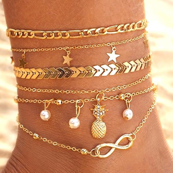 LAYERED ANKLET SET WITH CUBAN CHAIN STAR PEARL PINEAPPLE INFINITY CHARMS