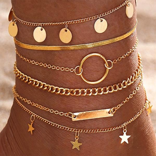 LAYERED DISC RING BAR STAR CUBAN CHAINS ANKLET SET