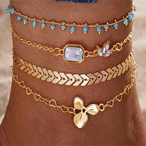 BEADED GEM CHAIN HERRINGBONE HEART FLOWER ANKLET SET