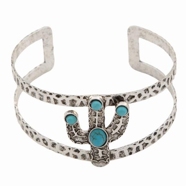 WESTERN TURQUOISE CENTER CACTUS HAMMERED OPEN BAND BRACELET