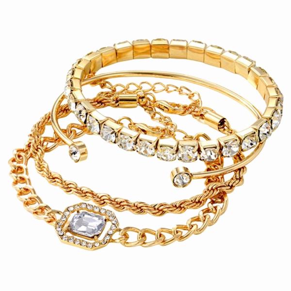 MIXED CHAIN RHINESTONE GEM LINK CHARM BANGLE BRACELET SET