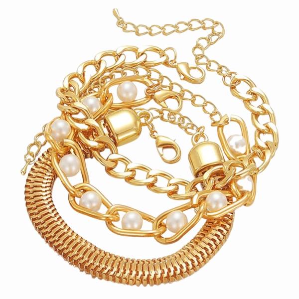 MIXED CHAIN PEARL ACCENT MESH LINK BRACELET SET