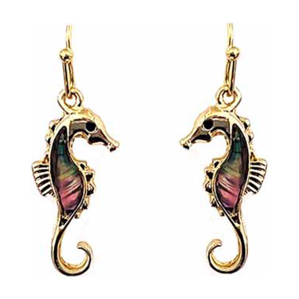 SEAHORSE SHAPED ABALONE INLAY DROP DANGLE EARRINGS