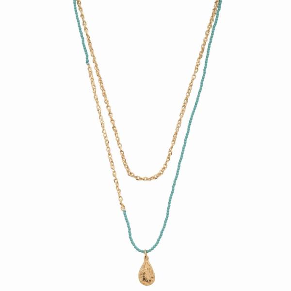 BEADED TEARDROP TEXTURED PENDANT LAYERED NECKLACE