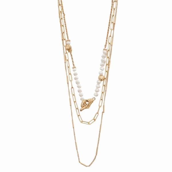 METAL PEARL MIXED TEXTURED CHAIN LAYERED LONG NECKLACE