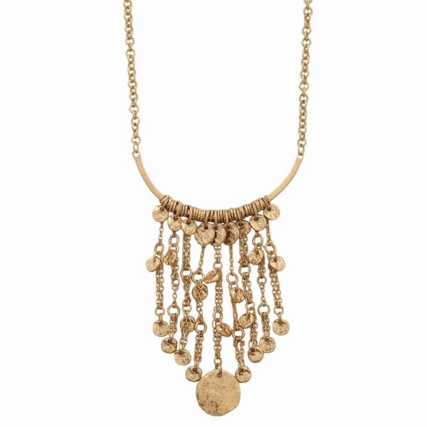 METAL TEXTURED DISC DANGLE CHAIN FRINGE NECKLACE