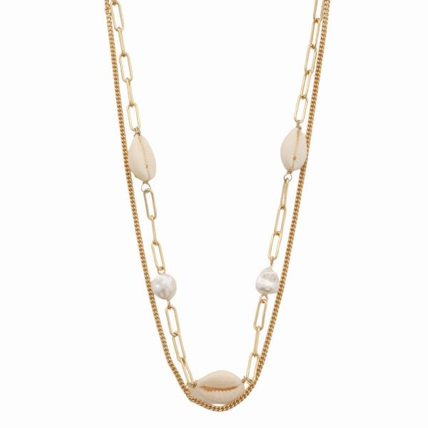 SEA LIFE METAL COWRIE SHELL PEARL MIXED CHAIN LAYERED NECKLACE