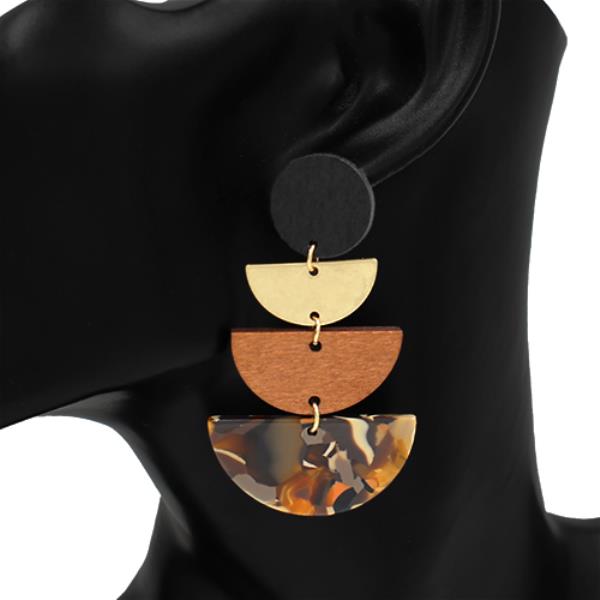 TEXTURED METAL WOOD RESIN SEMI-CIRCLE DROP DANGLE HOOK EARRINGS