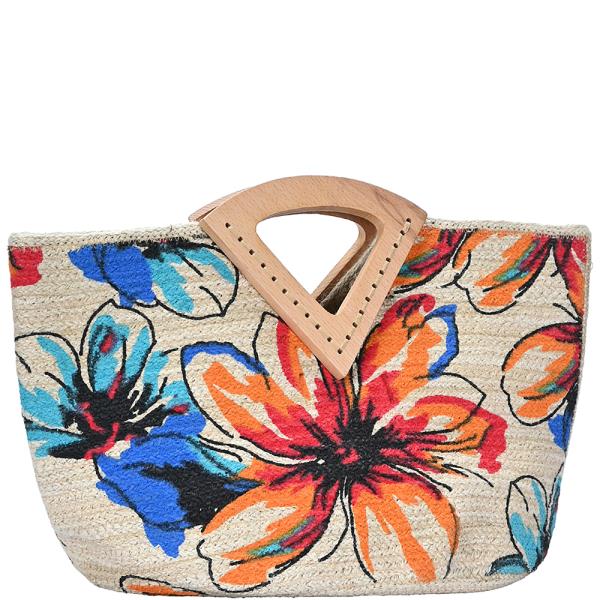 FLORAL PRINT JUTE HANDLE TOTE BAG