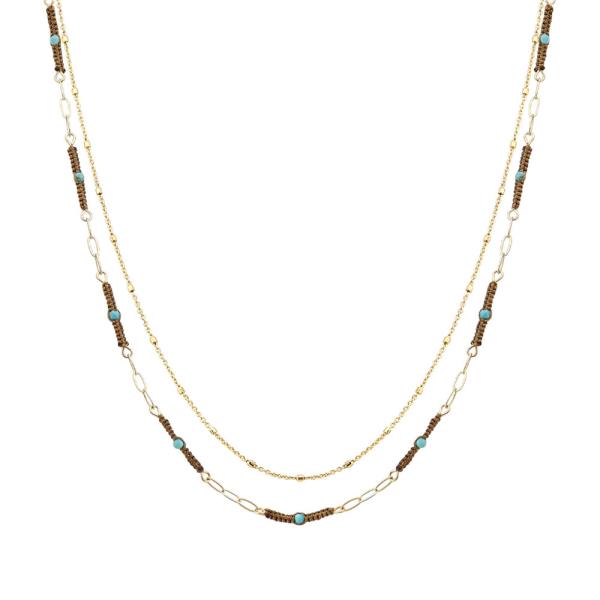 THREAD WRAP TQ STONE 2 LAYERED METAL MIX CHAIN NECKLACE