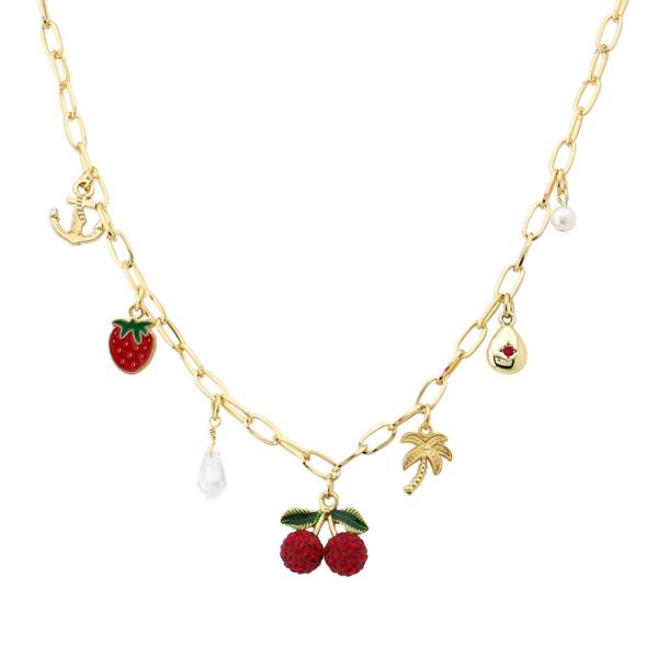 STRAWBERRY PALM TREE CHERRY MULTI CHARM NECKLACE