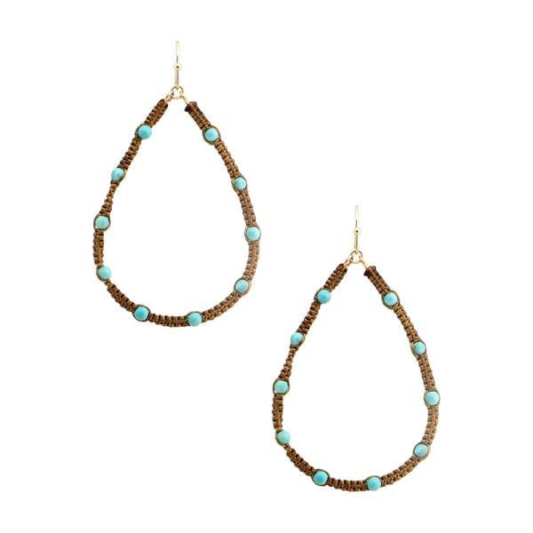 WOVEN THREAD WRAPPED ROUND TURQUOISE STONE DROP DANGLE HOOK EARRINGS