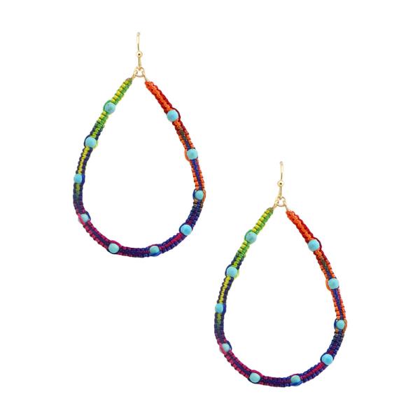 WOVEN THREAD WRAPPED ROUND TURQUOISE STONE DROP DANGLE HOOK EARRINGS