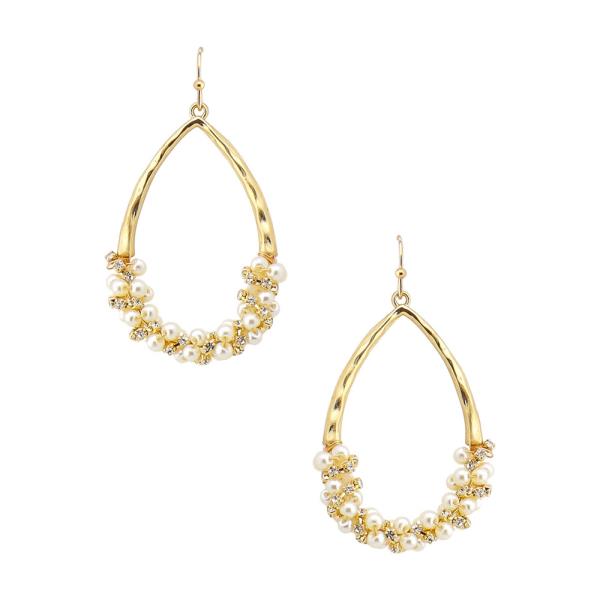 RHINESTONE PEARL BEAD METAL TEARDROP DANGLE HOOK EARRINGS
