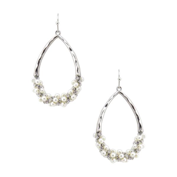 RHINESTONE PEARL BEAD METAL TEARDROP DANGLE HOOK EARRINGS