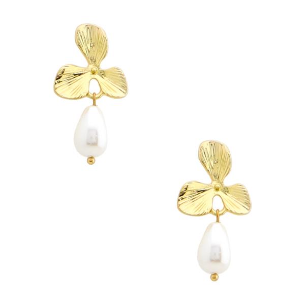 TEXTURED METAL FLOWER PEARL DROP POST EARRINGS