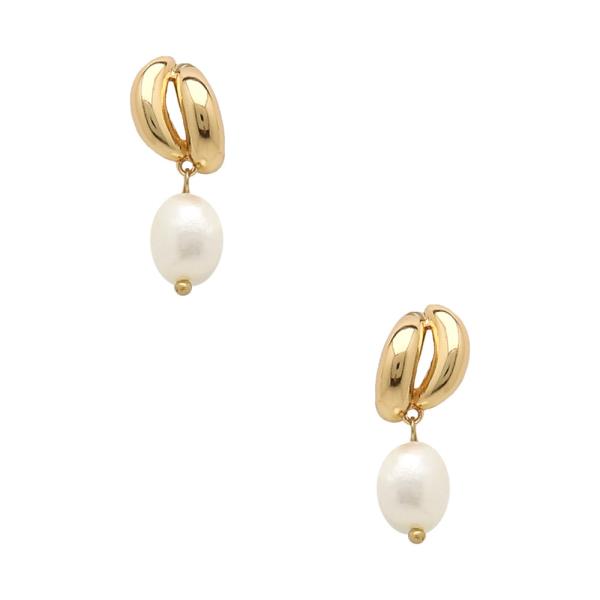 POLISHED METAL OVAL DROP PEARL POST EARRINGS