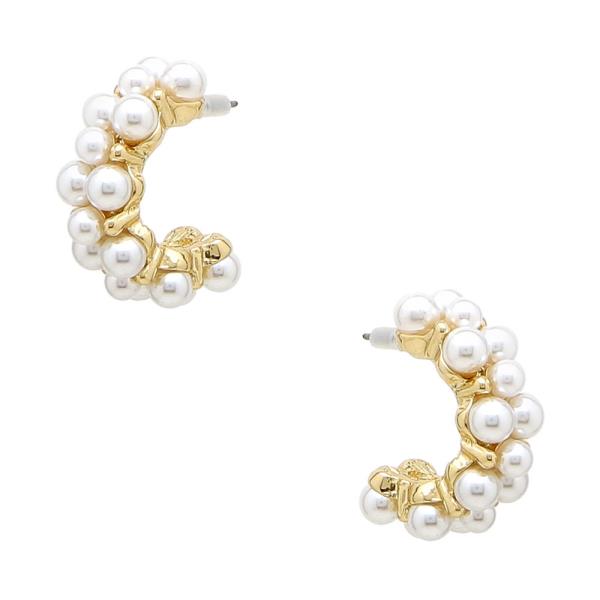 METAL FAUX PEARL CLUSTER HOOP POST EARRINGS