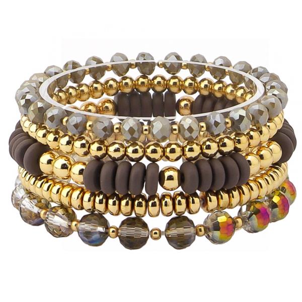 MATTE BEAD FACETED METALLIC ROUND MIXED STRETCH BRACELET SET
