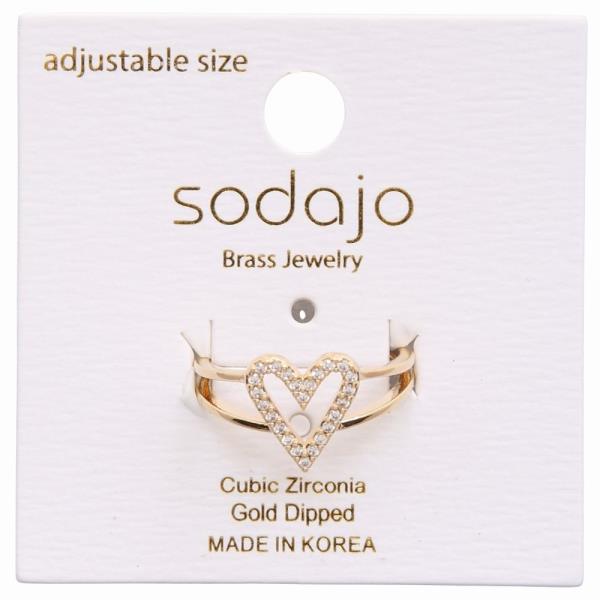 SODAJO GOLD DIPPED HEART CZ CUFF ADJUSTABLE RING