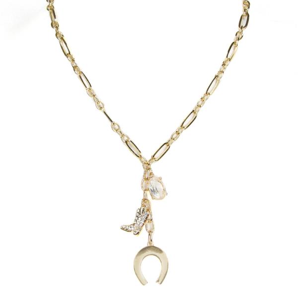 RHINESTONE WESTERN BOOTS HORSESHOE Y PENDANT NECKLACE