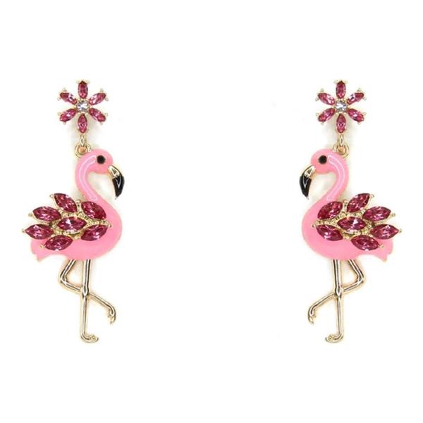 ENAMEL METAL FLAMINGO RHINESTONE FLOWER DANGLE HOOK EARRING