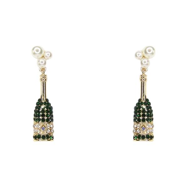 RHINESTONE PEARL METAL CHAMPAGNE BOTTLE DANGLE HOOK EARRING