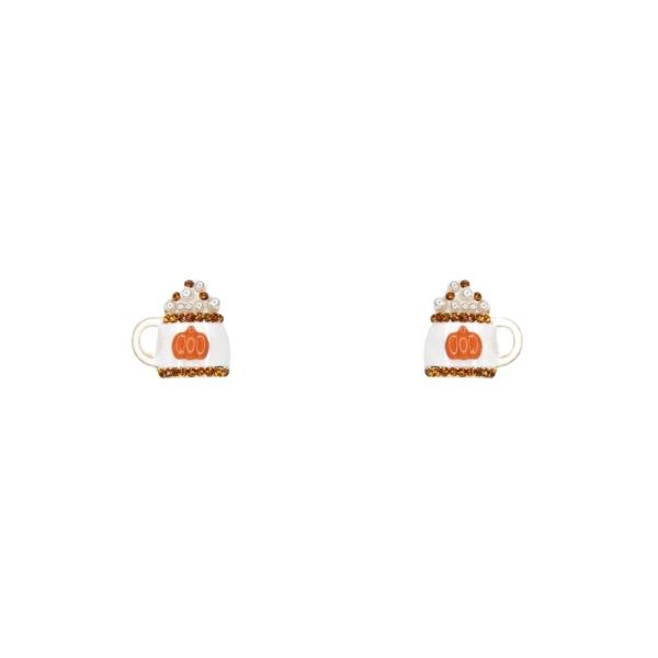 ENAMEL METAL PEARL RHINESTONE PUMPKIN MUG STUD EARRING