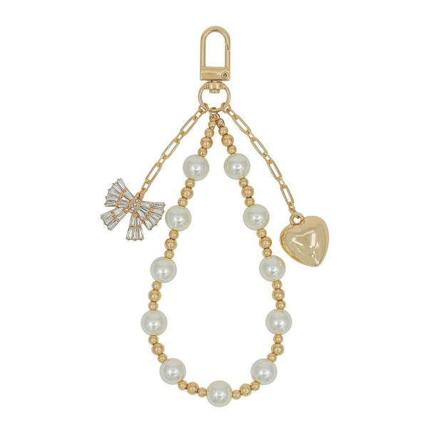 10MM PEARL/HEART/CRYSTAL RIBBON BAG & KEY CHARM