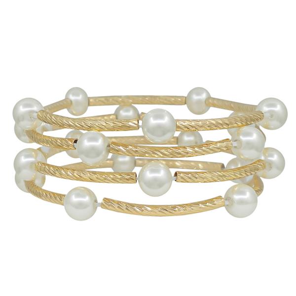 4 SET TEXTURED METAL PIPE 8MM PEARL BALL STRETCH BRACELET