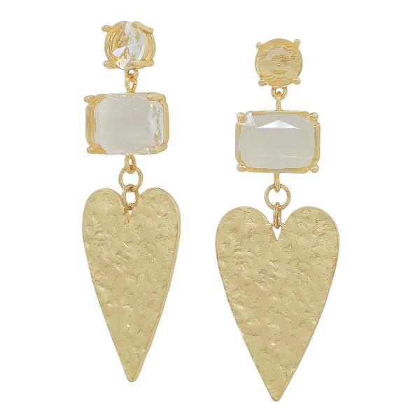 2" ORB & RECTANGLE CRYSTAL HEART SHAPE METAL EARRINGS