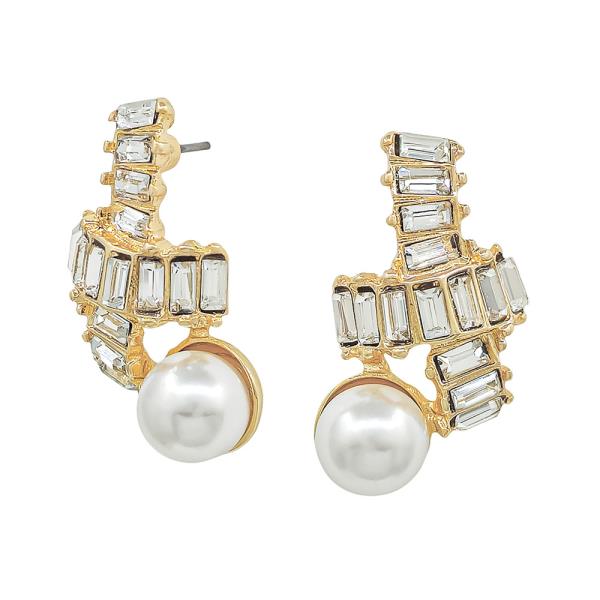 1" CRYSTAL CHAIN ACCENT PEARL DROP POST EARRINGS